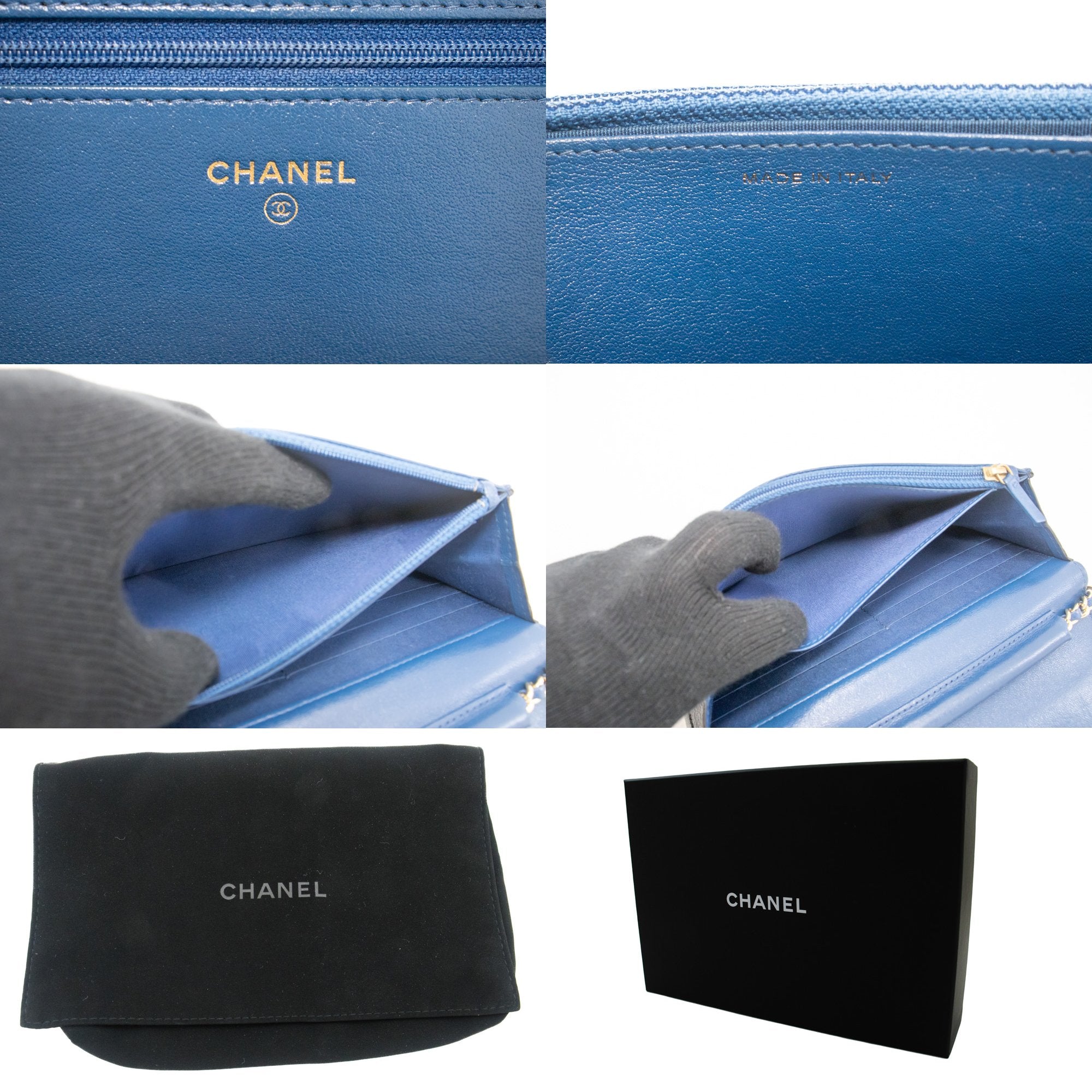 CHANEL Lambskin Quilted Mini Wallet On Chain WOC Neon Blue 801478
