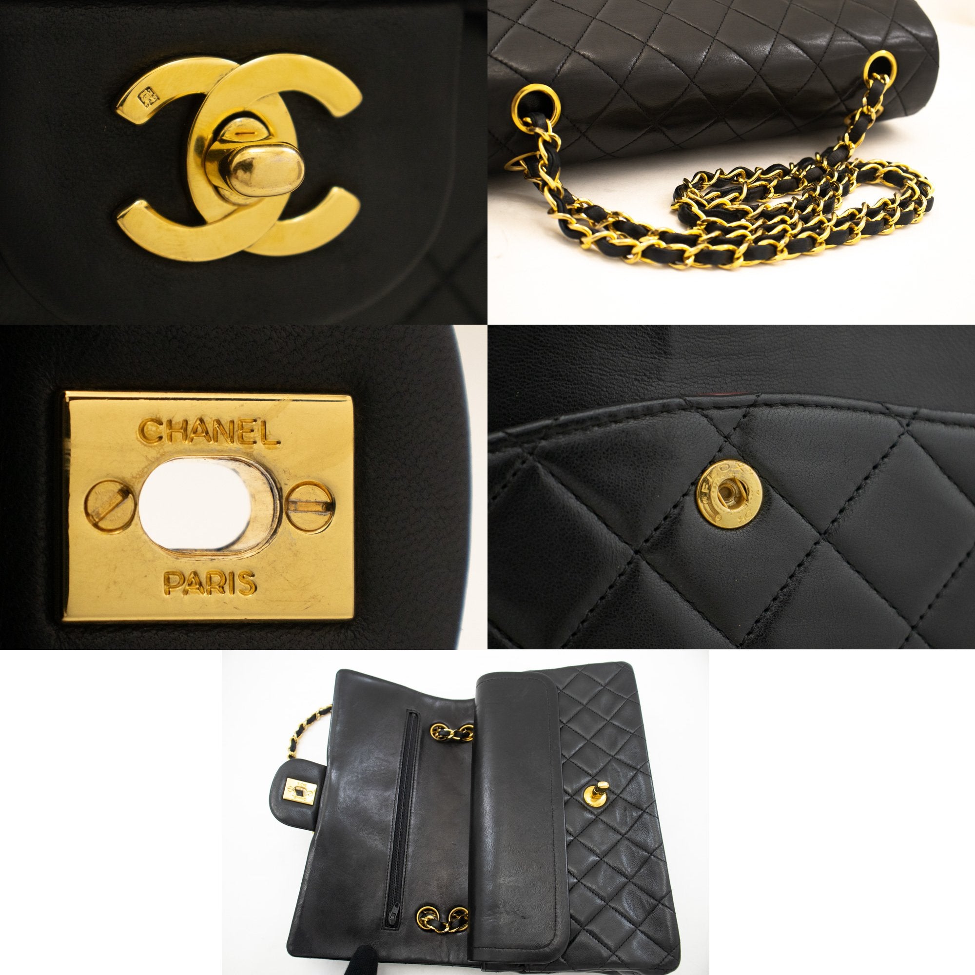CHANEL Classic Double Flap 10 Chain Shoulder Bag Black Lambskin k71 –  hannari-shop