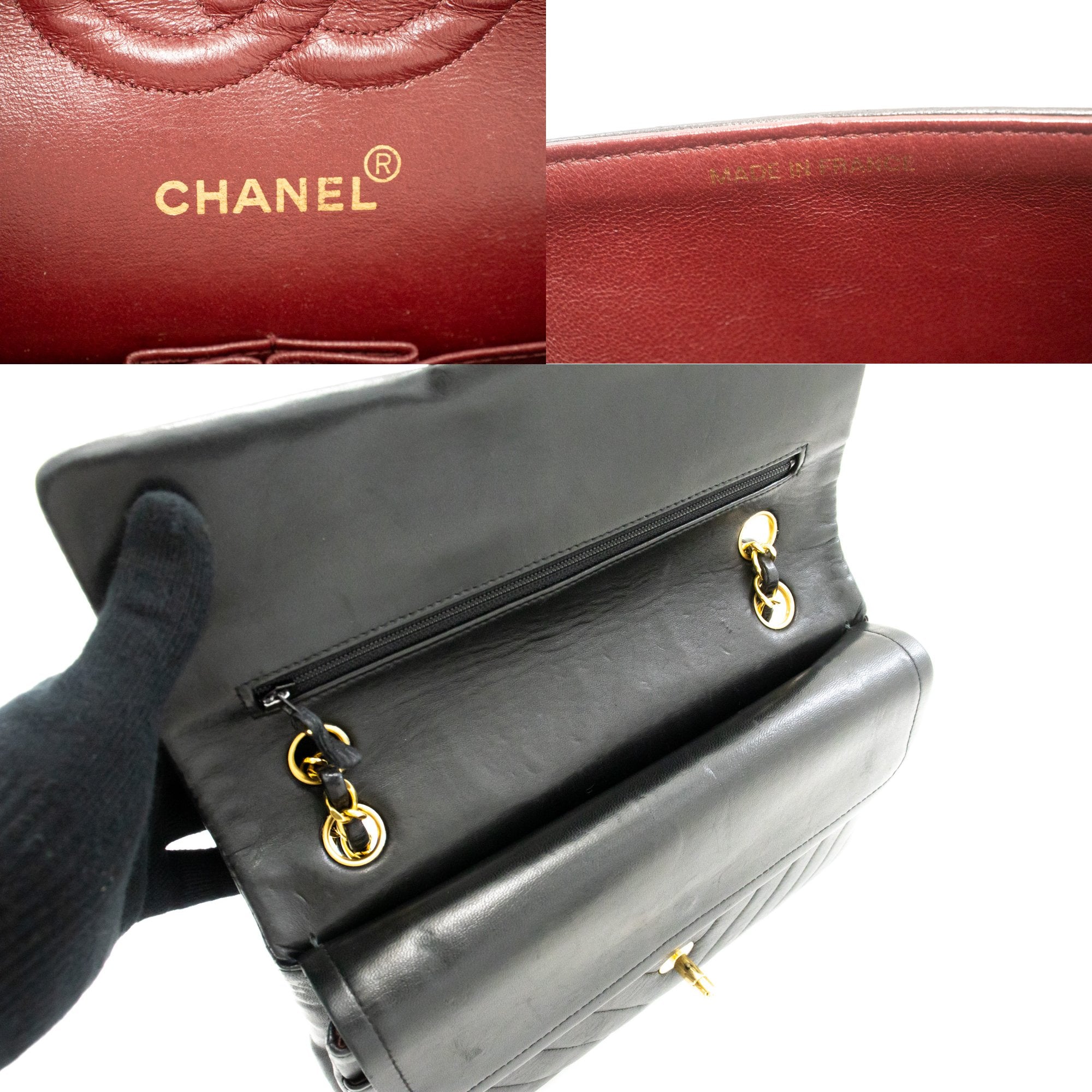 CHANEL V-Stitch Double Flap Medium Chain Shoulder Bag Black Lamb L01 –  hannari-shop