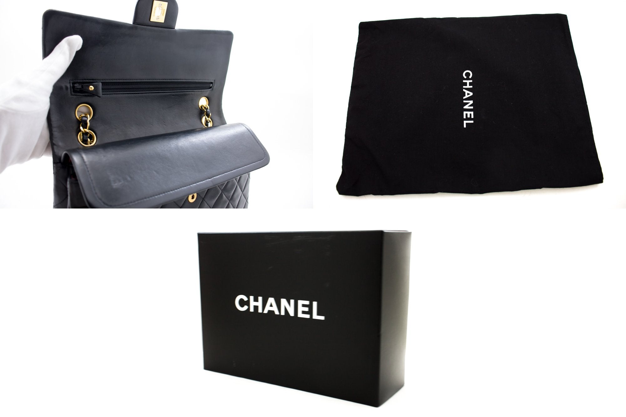 Chanel 2.55 Double Flap Medium Chain Shoulder Bag Black Lambskin h93