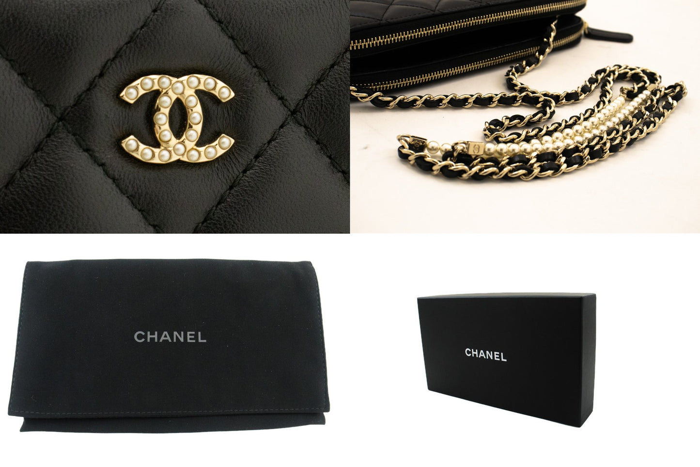 Portafoglio CHANEL WOC in pelle di agnello con perle, borsa a catena doppia zip L17 hannari-shop