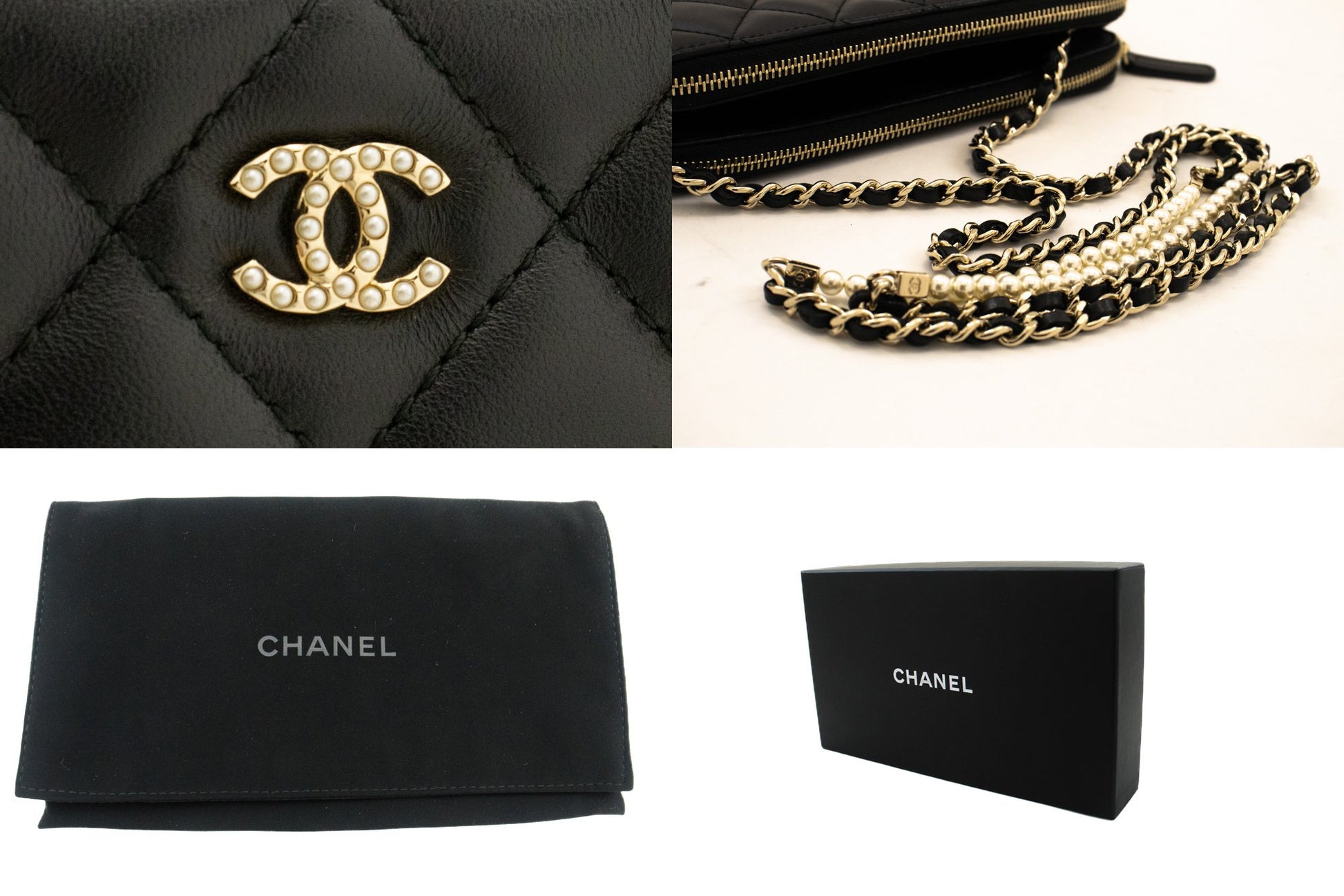 Portafoglio CHANEL WOC in pelle di agnello con perle, borsa a catena doppia zip L17 hannari-shop