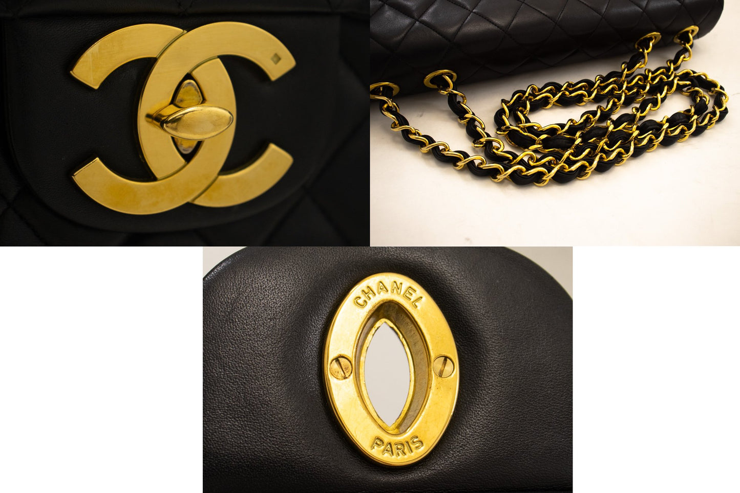CHANEL Classic Large Borsa a Spalla con Tracolla a Catena e Patta 33 cm in Agnello Nero j74 hannari-shop