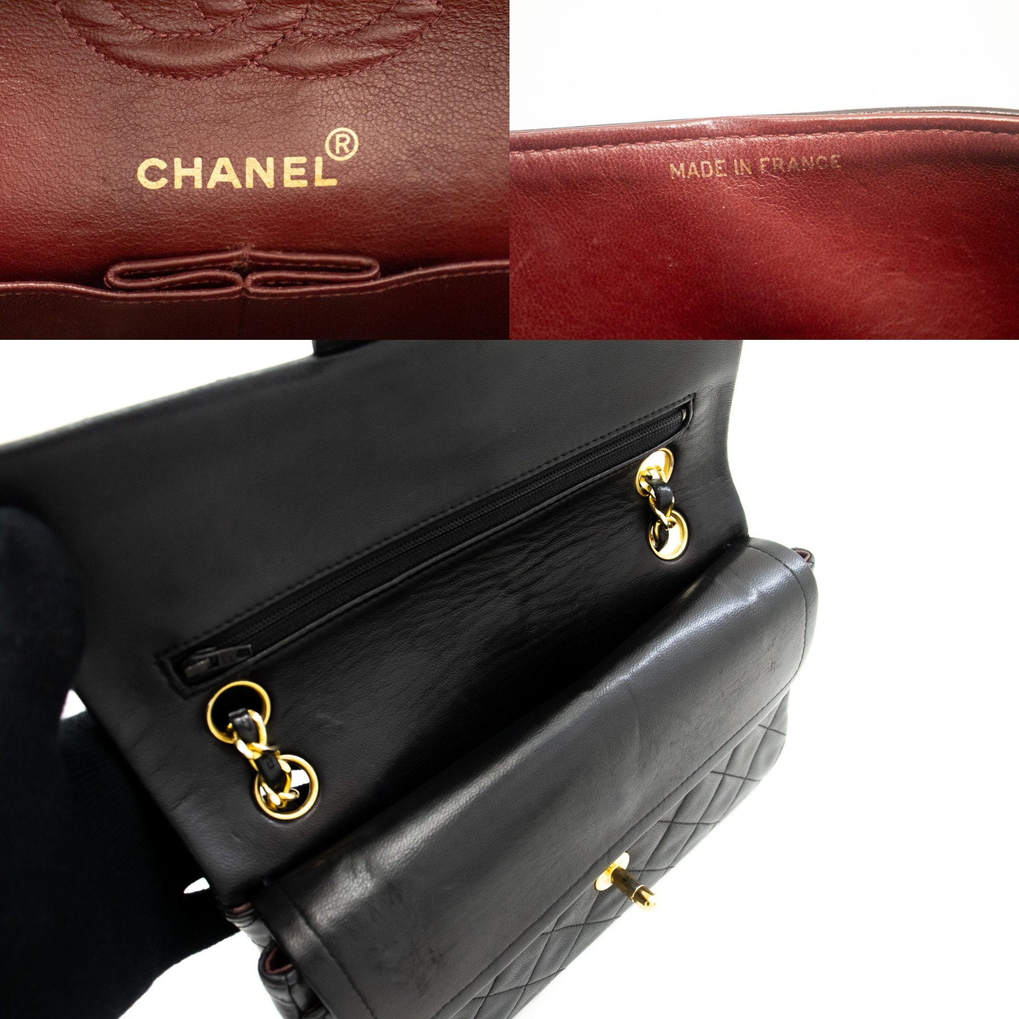 k93 CHANEL Authentic Classic Double Flap 10" Chain Shoulder Bag Black  Lambskin
