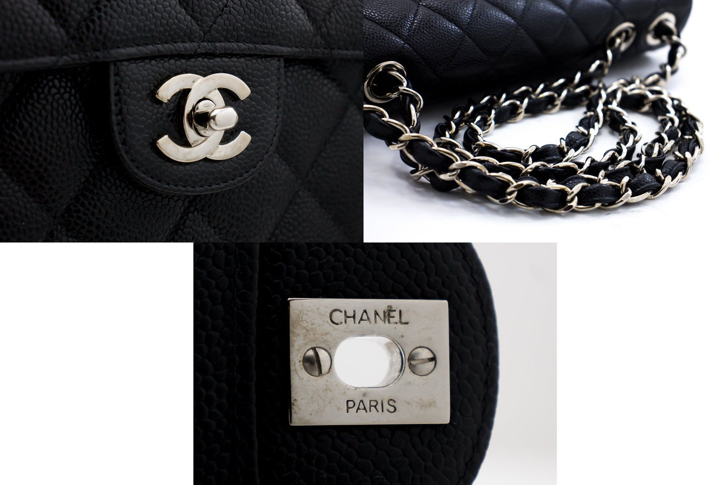 CHANEL Große Classic Handtasche mit Kettenriemen, Schultertasche, Klappe, Schwarz, Caviar-Leder g66 hannari-shop