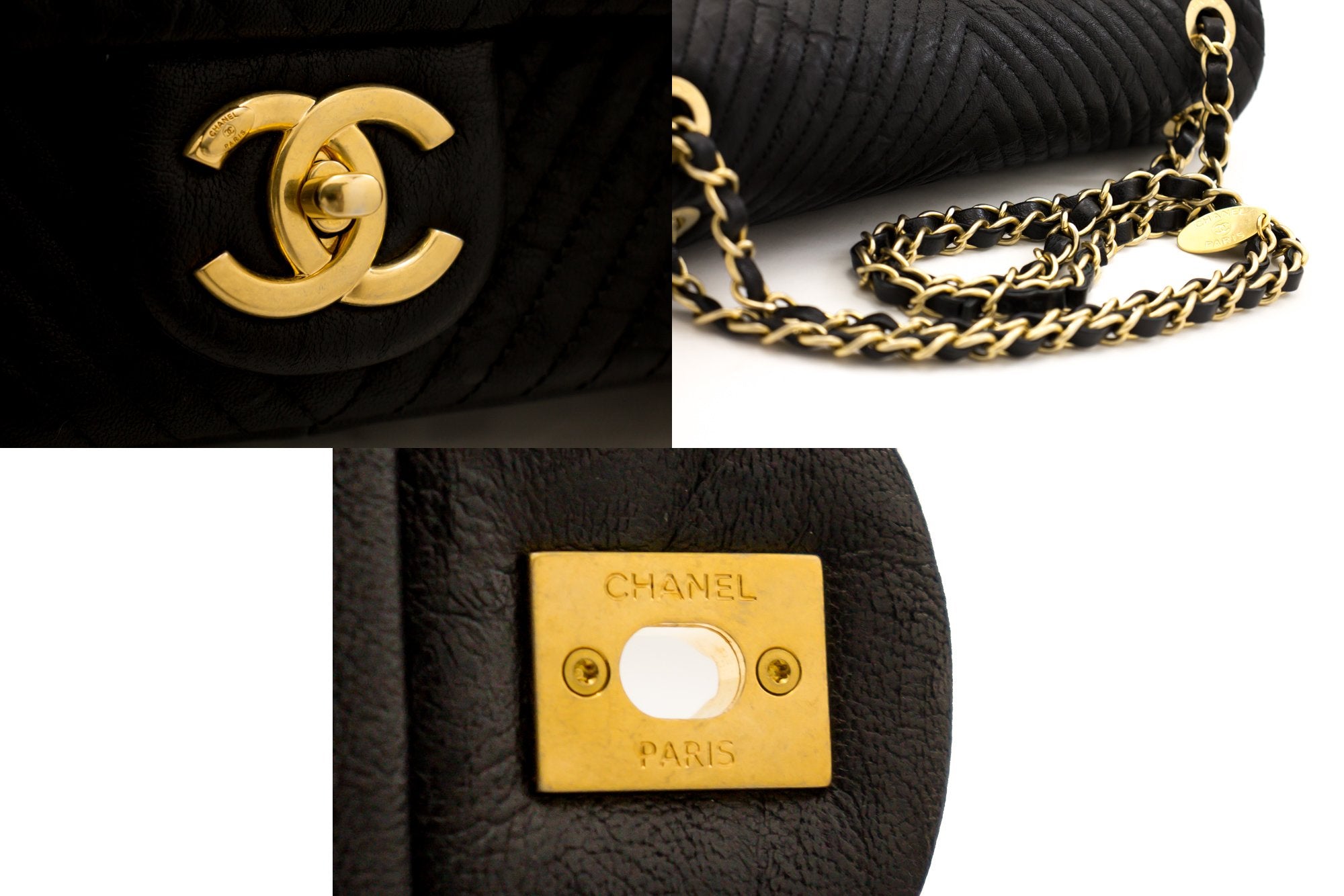 Chanel Around 1995 Made Chevron Stitch V Flap Turn-Lock Chain Bag Black