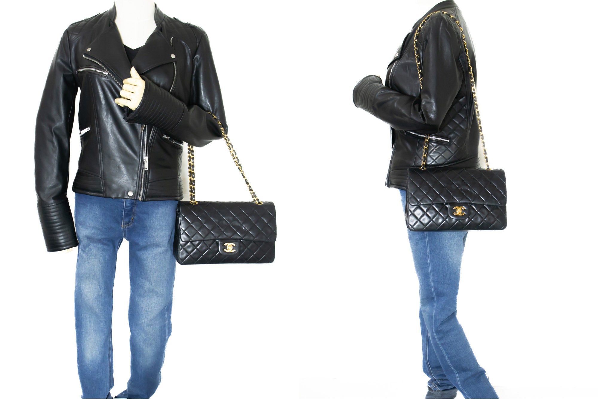 Chanel Classic Double Flap 10 Chain Shoulder Bag Black Lambskin K49