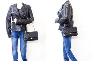 CHANEL 2.55 Double Flap Medium Chain Ramen Bag Black Lambskin i51 hannari-shop