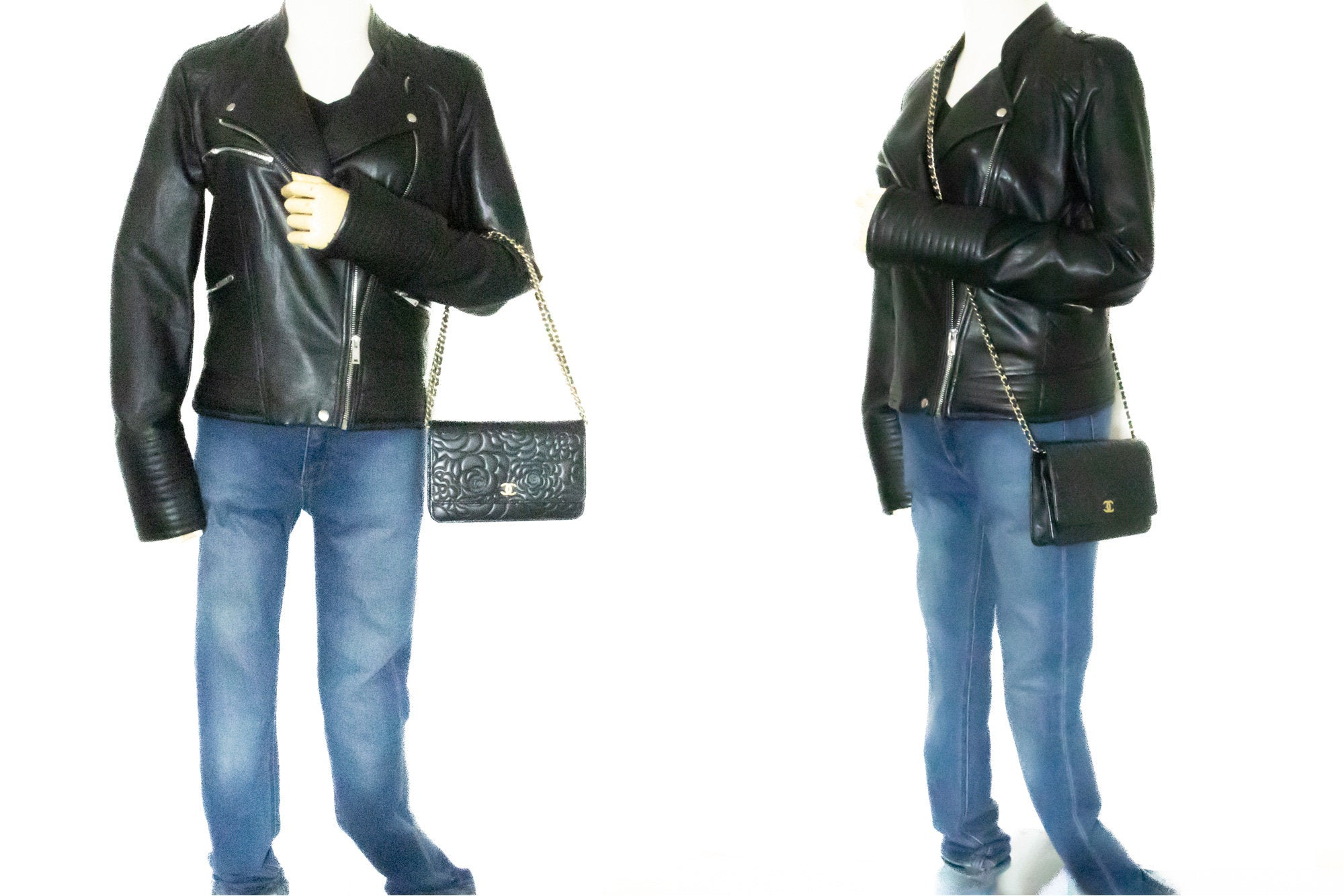 CHANEL Black Camellia Embossed Wallet On Chain WOC Shoulder Bag