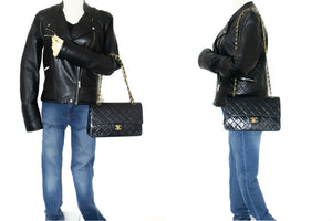 CHANEL Classic Double Flap 10" Chain Shoulder Bag Black Lambskin k69 hannari-shop