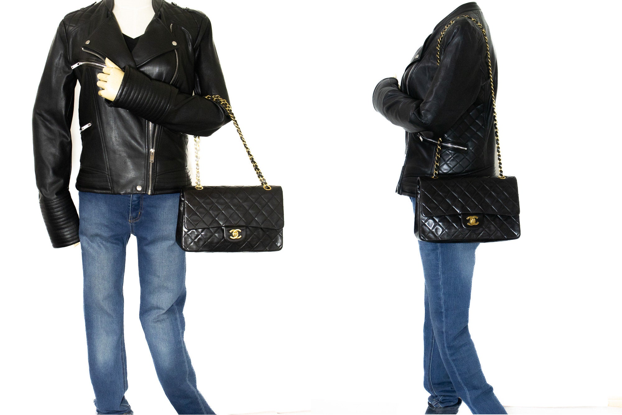 CHANEL Classic Double Flap 10 Chain Shoulder Bag Black Lambskin j36 –  hannari-shop
