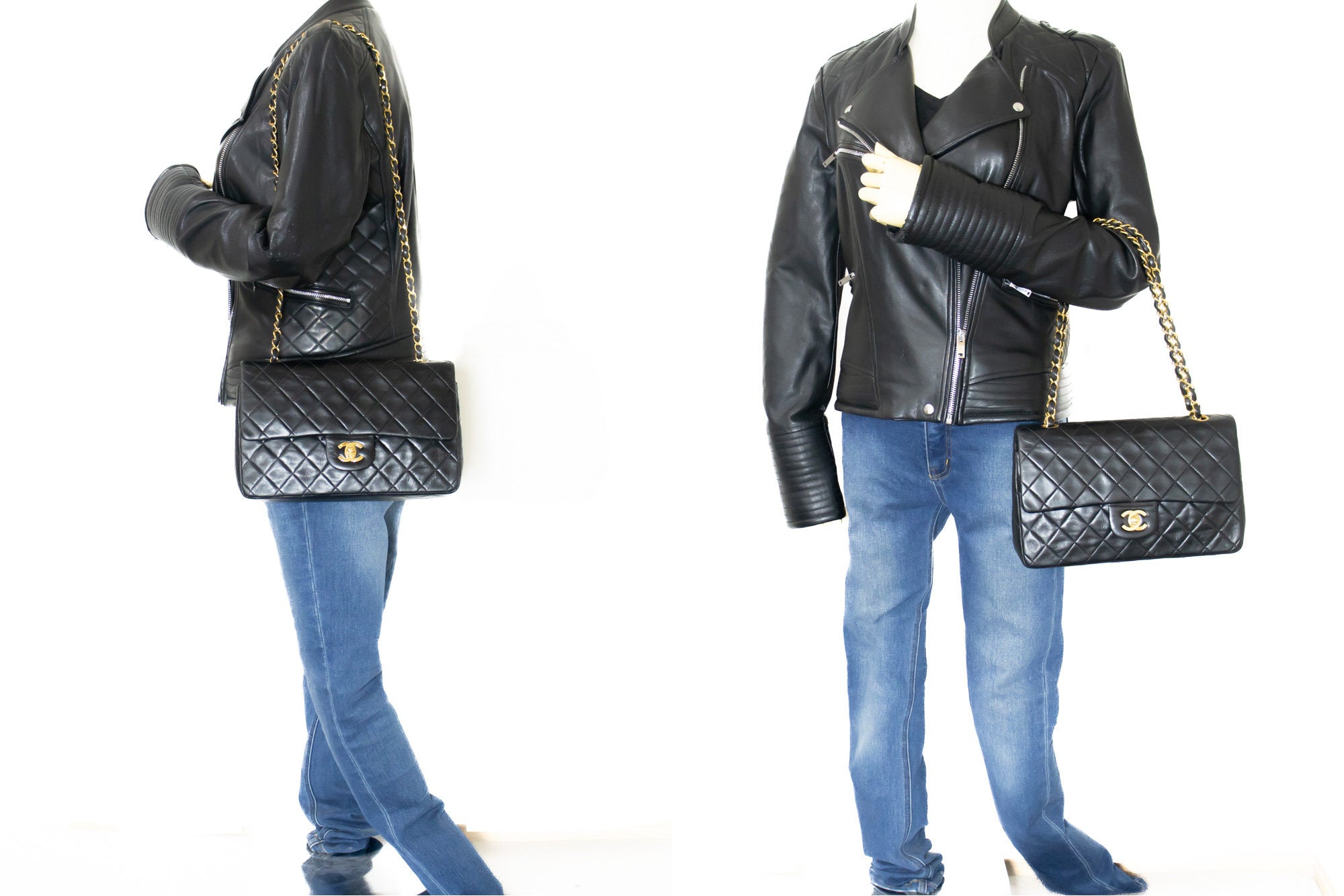 CHANEL Classic Double Flap 10 Chain Shoulder Bag Black Lambskin k77 –  hannari-shop