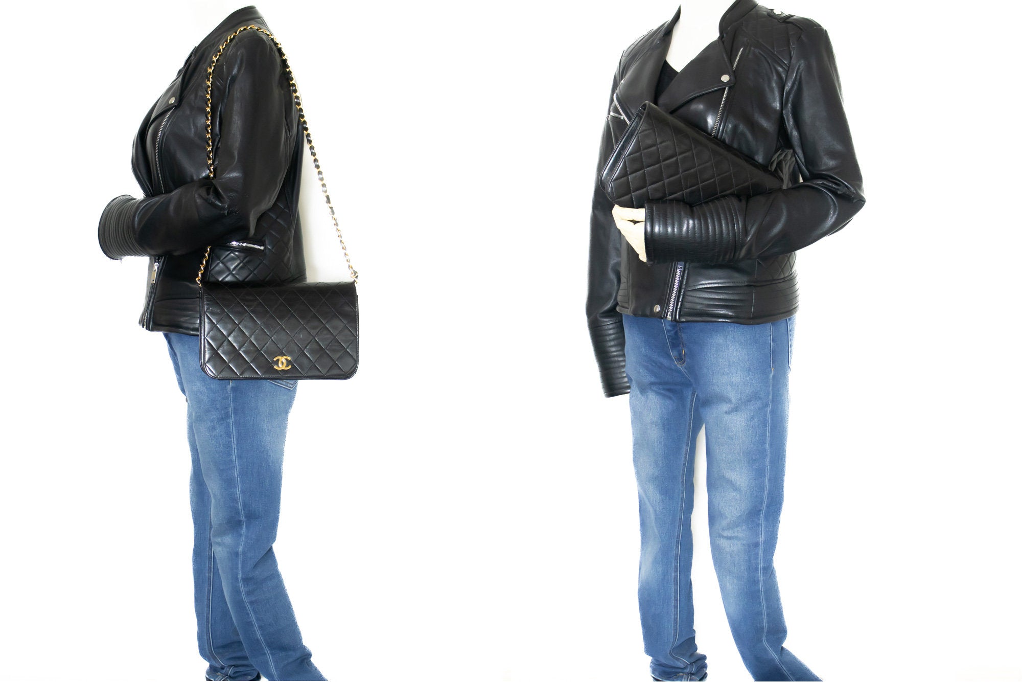CHANEL Full Flap Chain Shoulder Bag Clutch Black Quilted Lambskin k82 –  hannari-shop