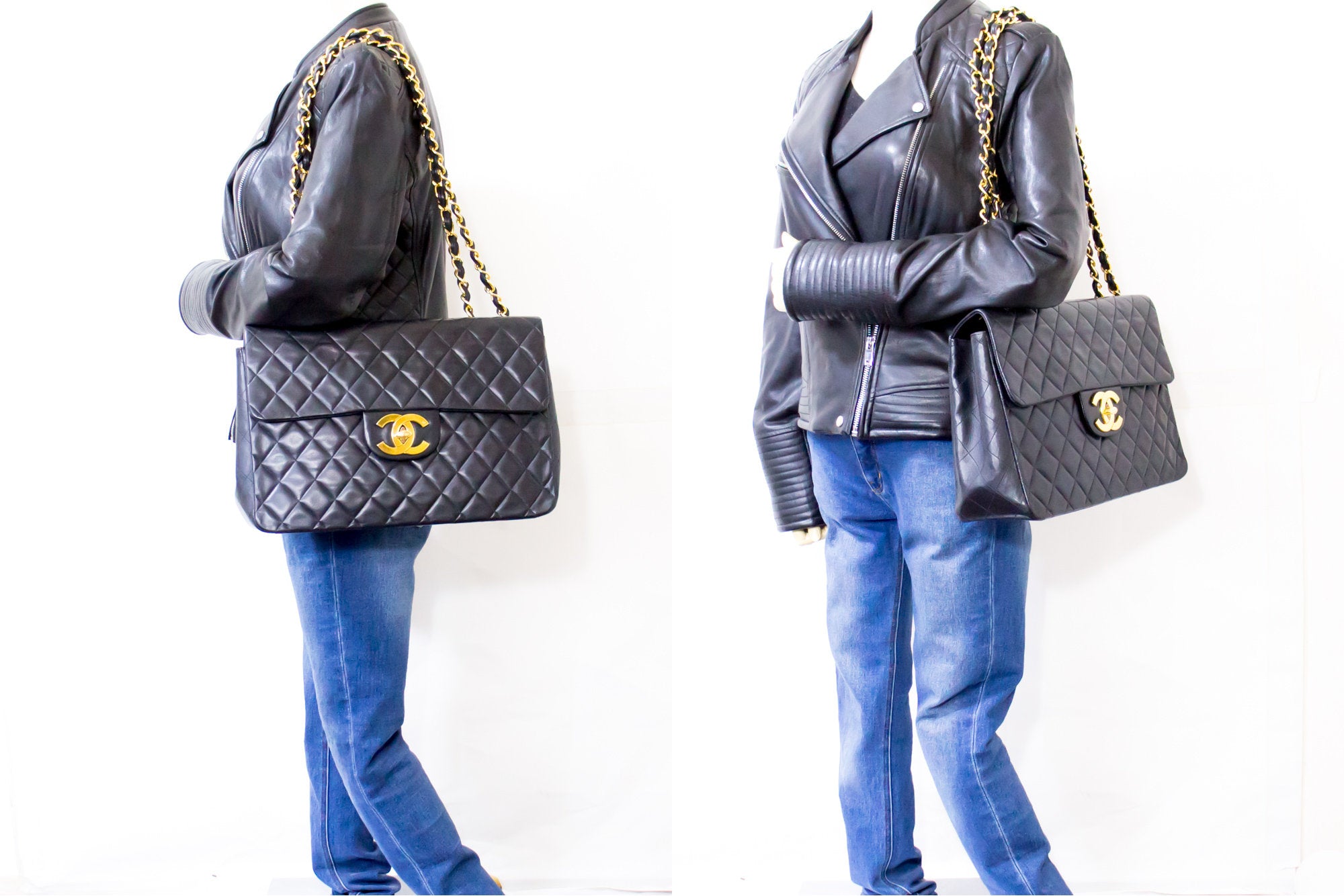 Vintage Chanel Black Denim Maxi Classic Flap Shoulder Bag