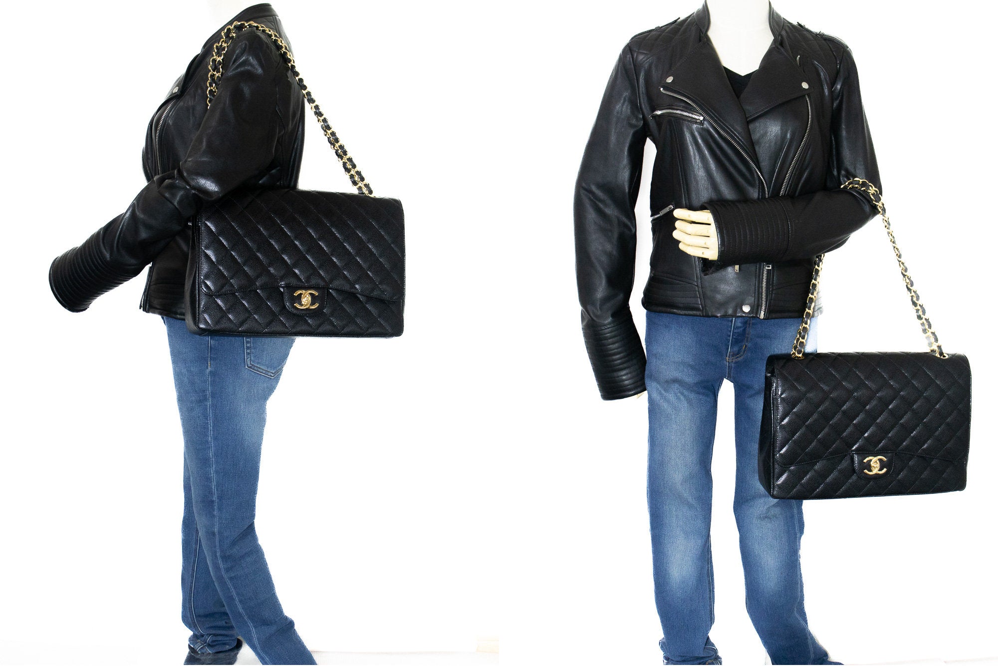 Maxi classic handbag, Grained calfskin & gold-tone metal, black — Fashion, CHANEL