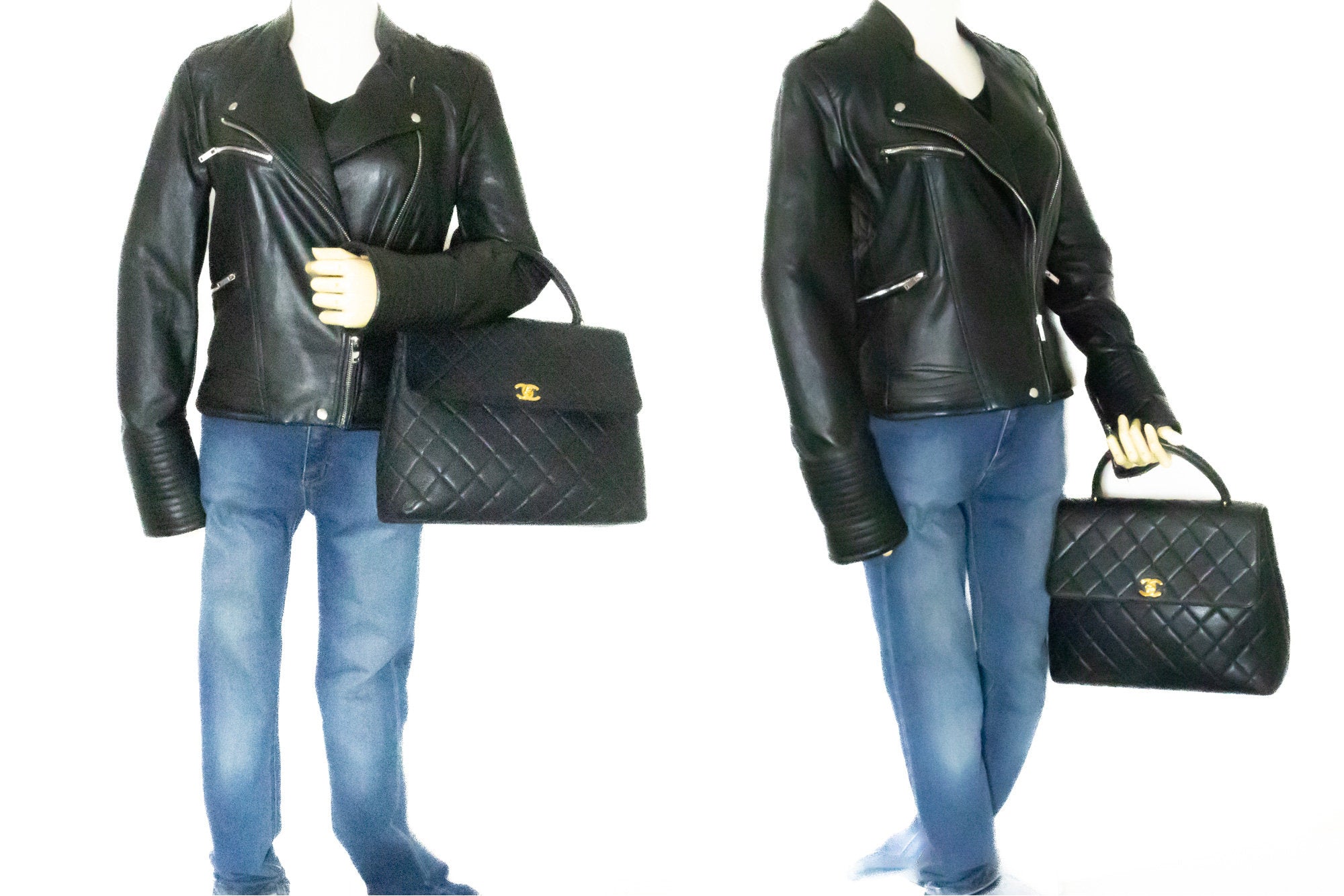 CHANEL Caviar Handbag Top Handle Bag Kelly Black Flap Leather Gold k55 –  hannari-shop