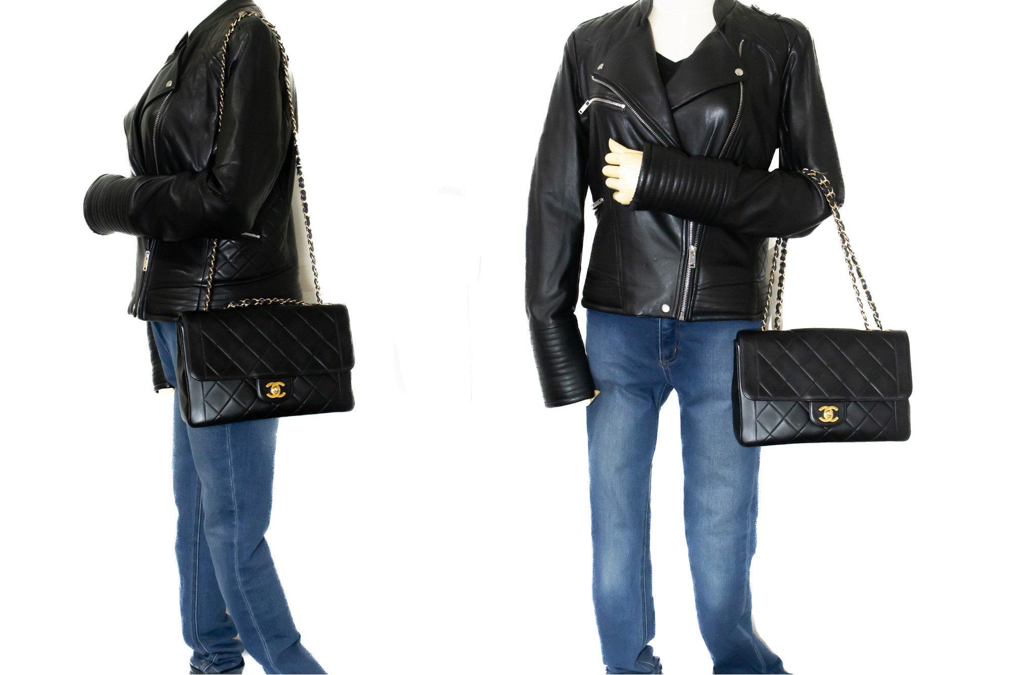 CHANEL Classic Double Flap 10 Chain Shoulder Bag Black Lambskin i69 –  hannari-shop