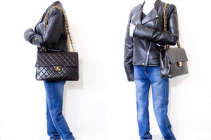 CHANEL Jumbo 11" velká řetízková taška přes rameno Flap Black Lambskin Gold f98 hannari-shop