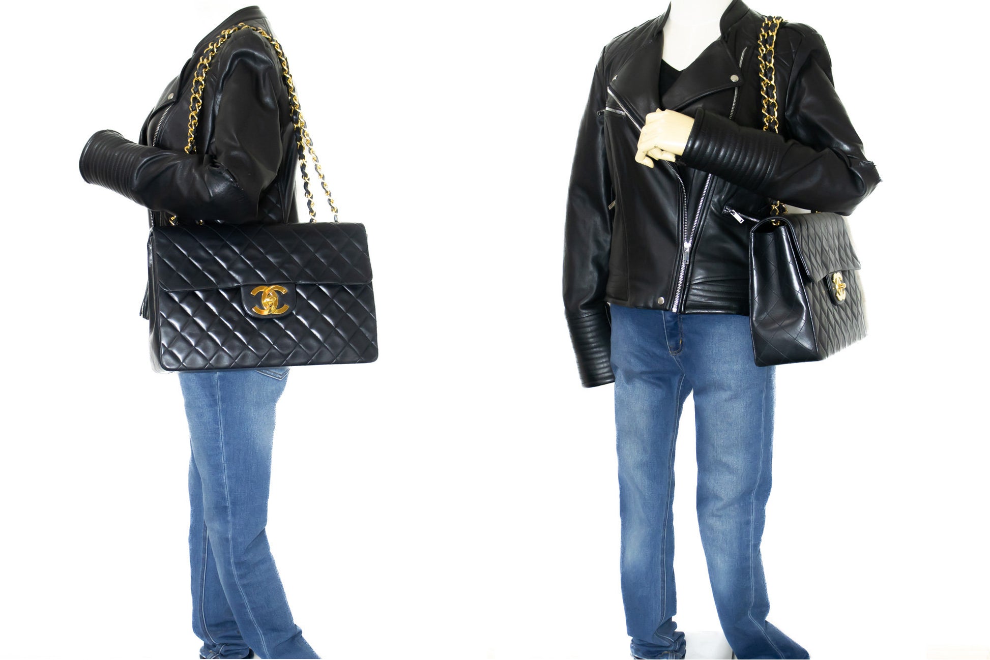 CHANEL Classic Large Borsa a Spalla con Tracolla a Catena e Patta 33 cm in Agnello Nero j74 hannari-shop