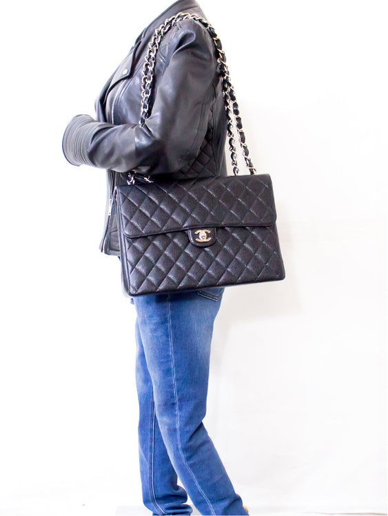 CHANEL Stor Classic Håndtaske med Kæde, Skuldertaske, Klaplukning, Sort Caviar g66 hannari-shop
