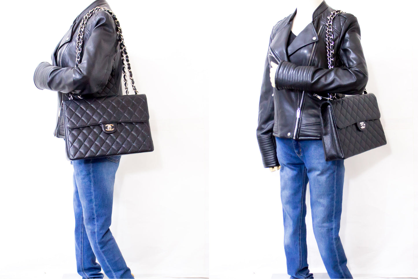CHANEL Große Classic Handtasche mit Kettenriemen, Schultertasche, Klappe, Schwarz, Caviar-Leder g66 hannari-shop